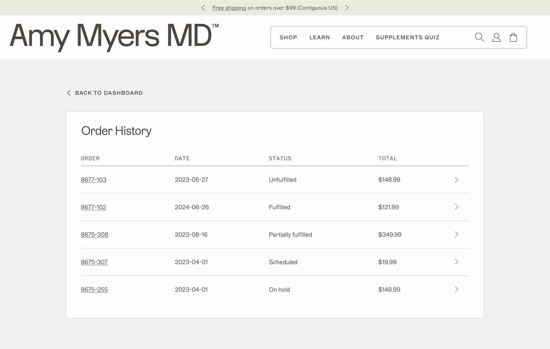 A page with a grey background and rows of information on past orders.