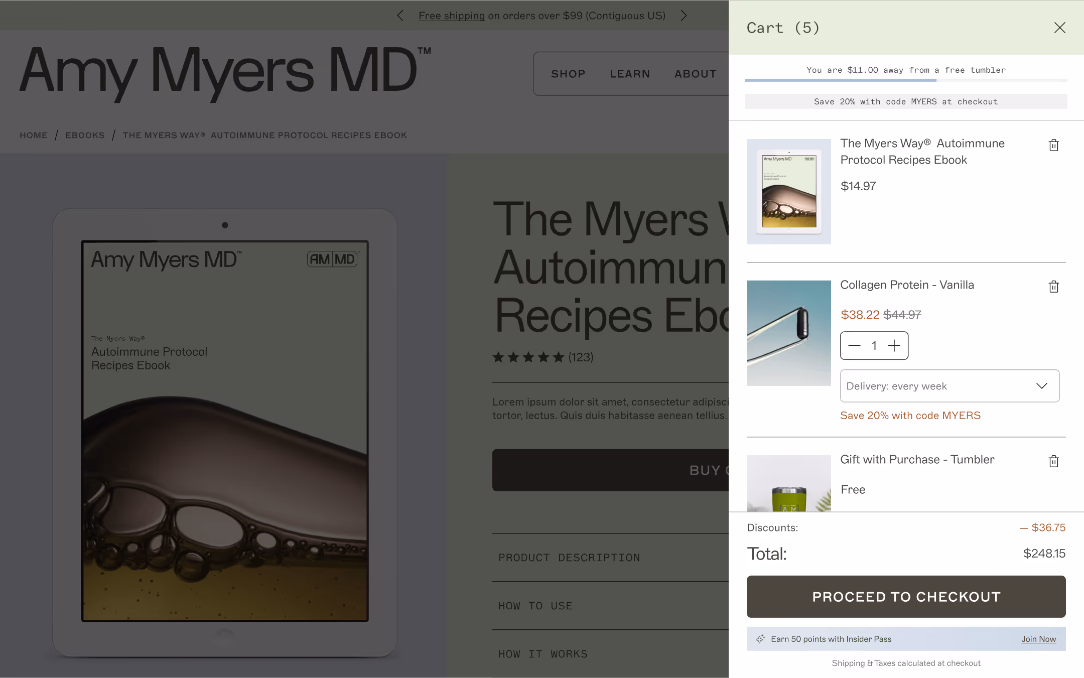 A cart with 3 items open on a desktop page.