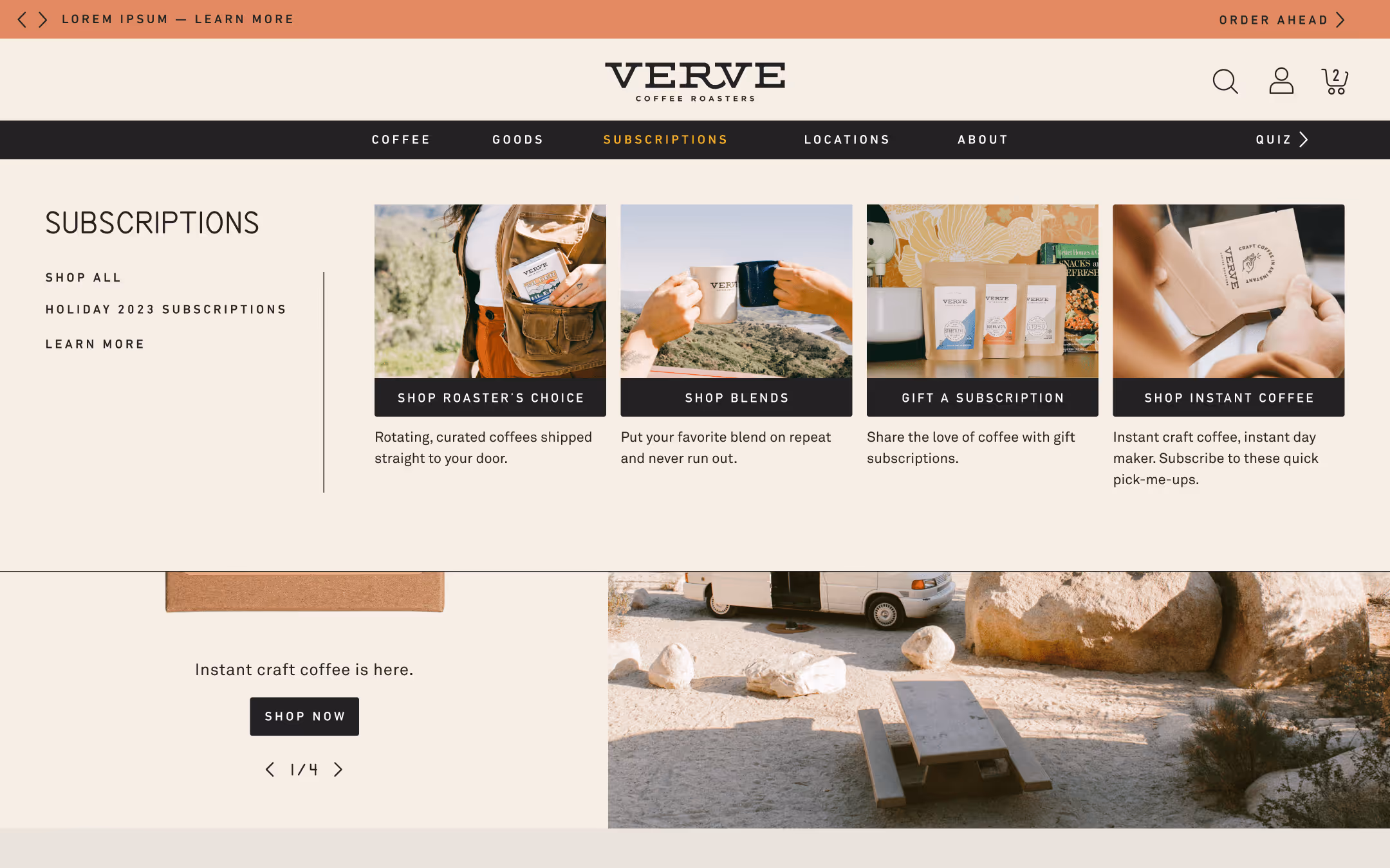 Subscription megamenu with content blocks and subscription links.