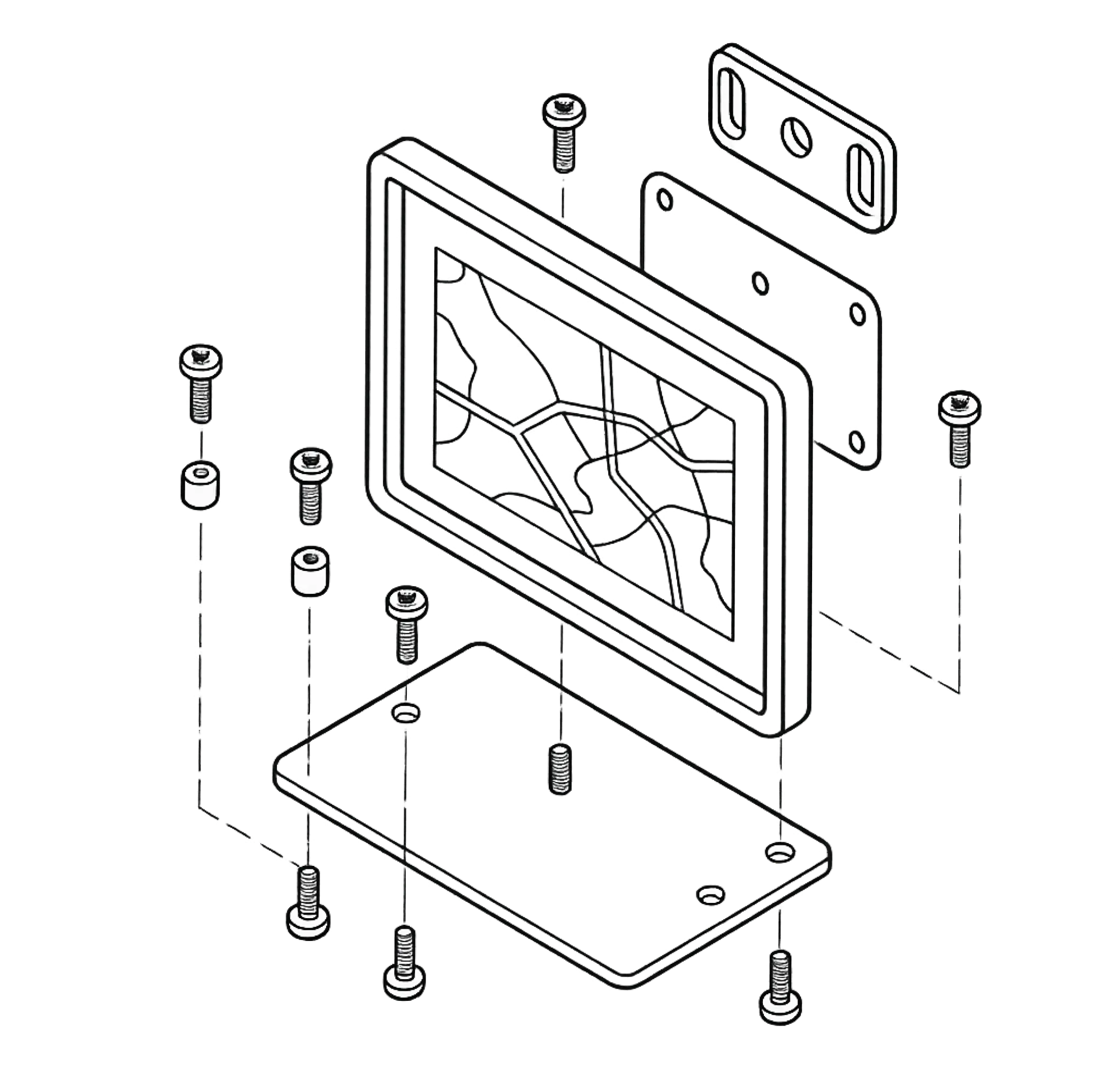 Exploded isometric diagram of a rectangular device assembly. The illustration shows multiple components separated along the vertical axis, including a front frame with a cracked screen or map-like surface, a middle plate, a back plate, and a mounting bracket. Several screws and cylindrical spacers are positioned around the components, indicating where each part connects during assembly. The drawing uses thin black lines, dotted shading for depth, and a blue outline border around the image.