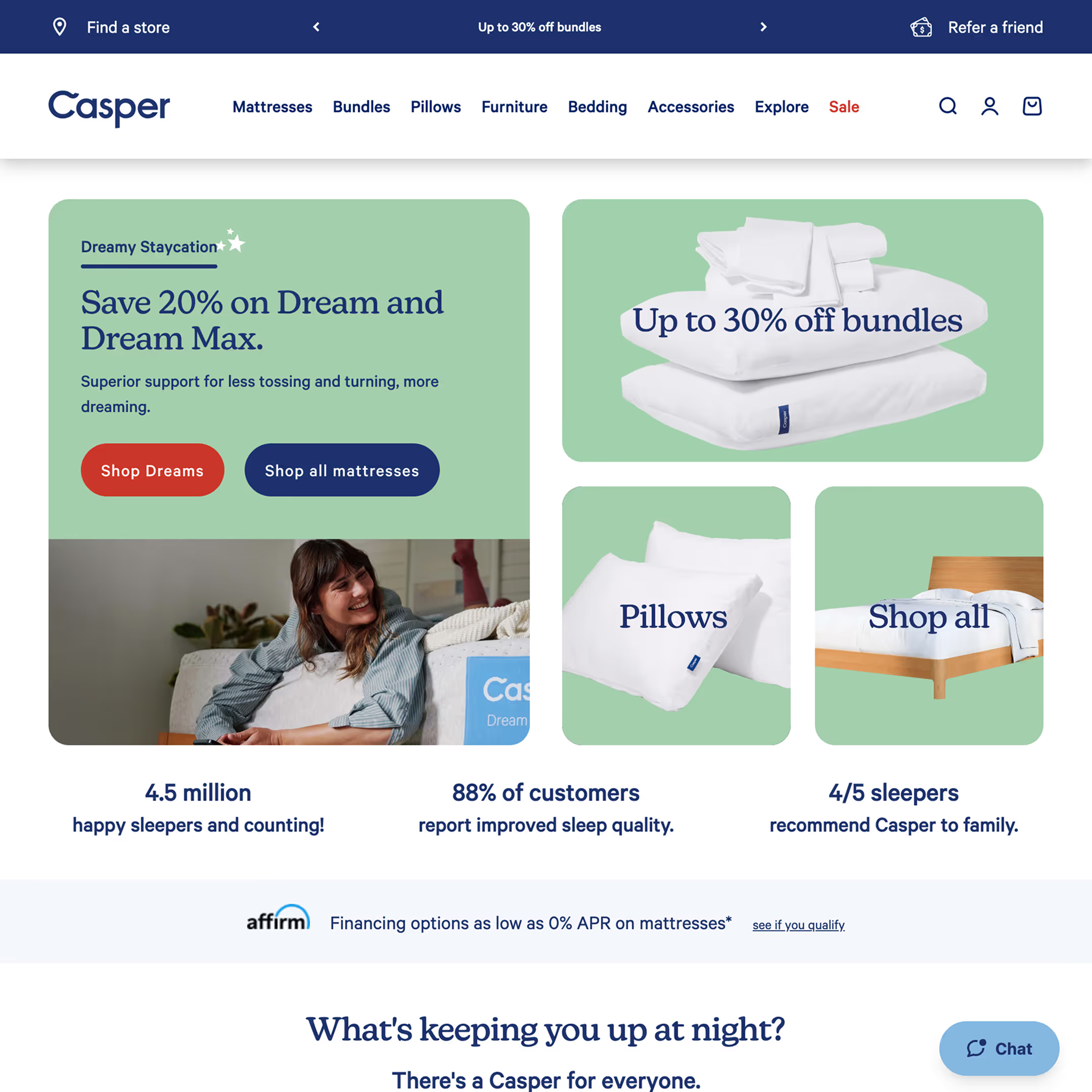 Casper website homepage highlighting 20% off Dream mattresses, 30% off bundles, pillows, and a bed with call-to-action buttons.