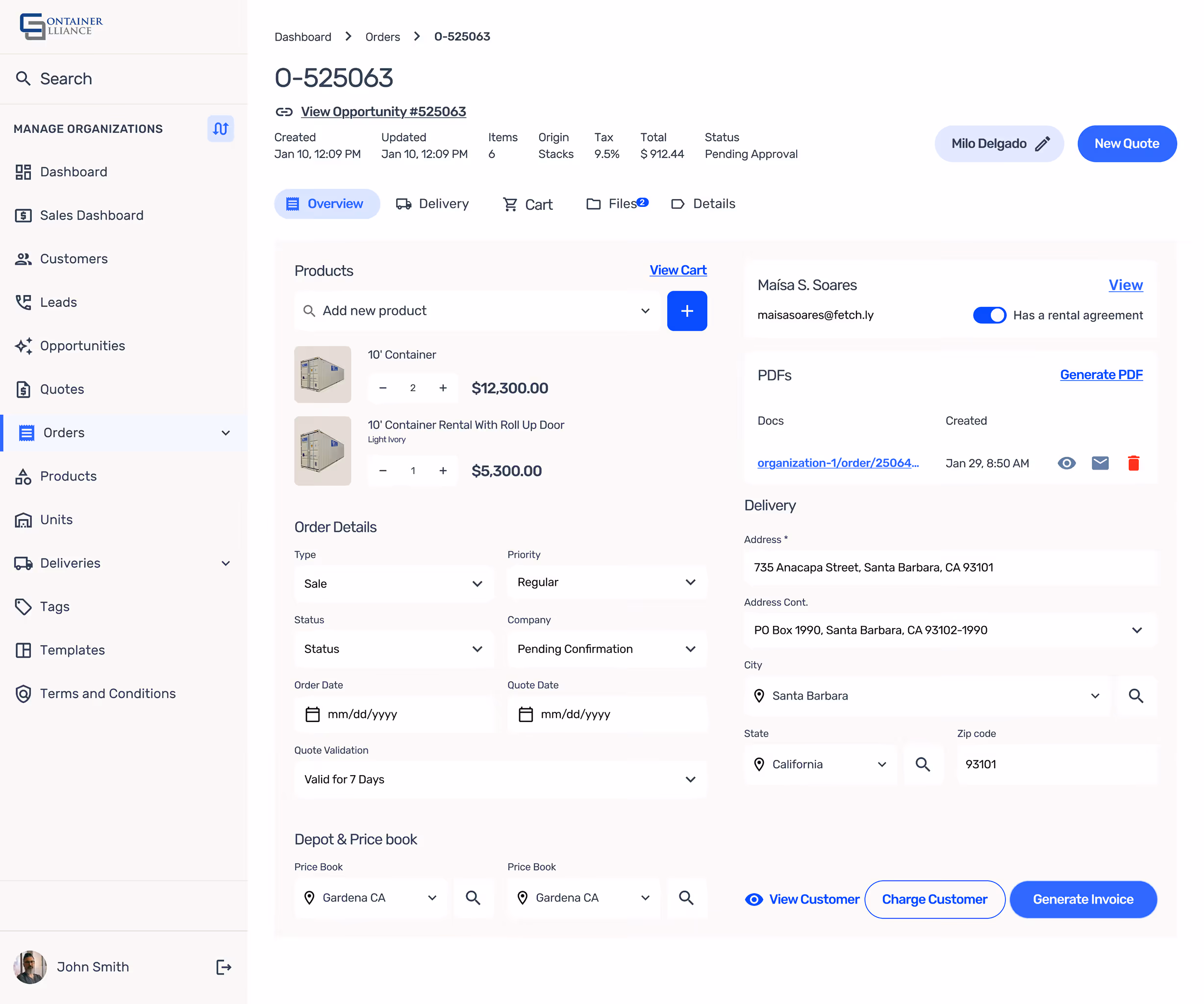 Order management dashboard displaying order 0-525063 with product details, customer info, delivery address, PDFs, and action buttons for viewing, charging, and invoice generation.