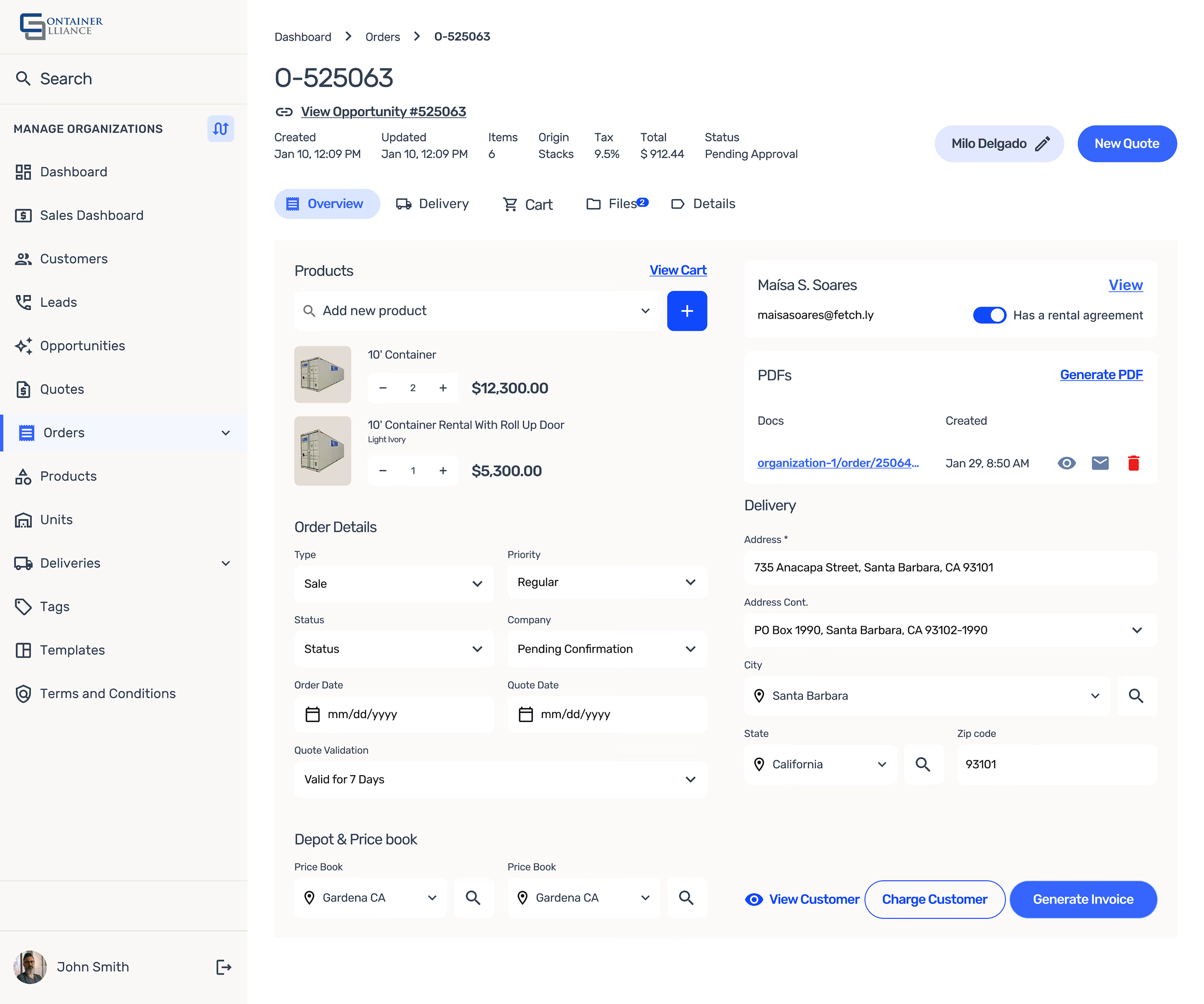 Order management dashboard displaying order 0-525063 with product details, customer info, delivery address, PDFs, and action buttons for viewing, charging, and invoice generation.