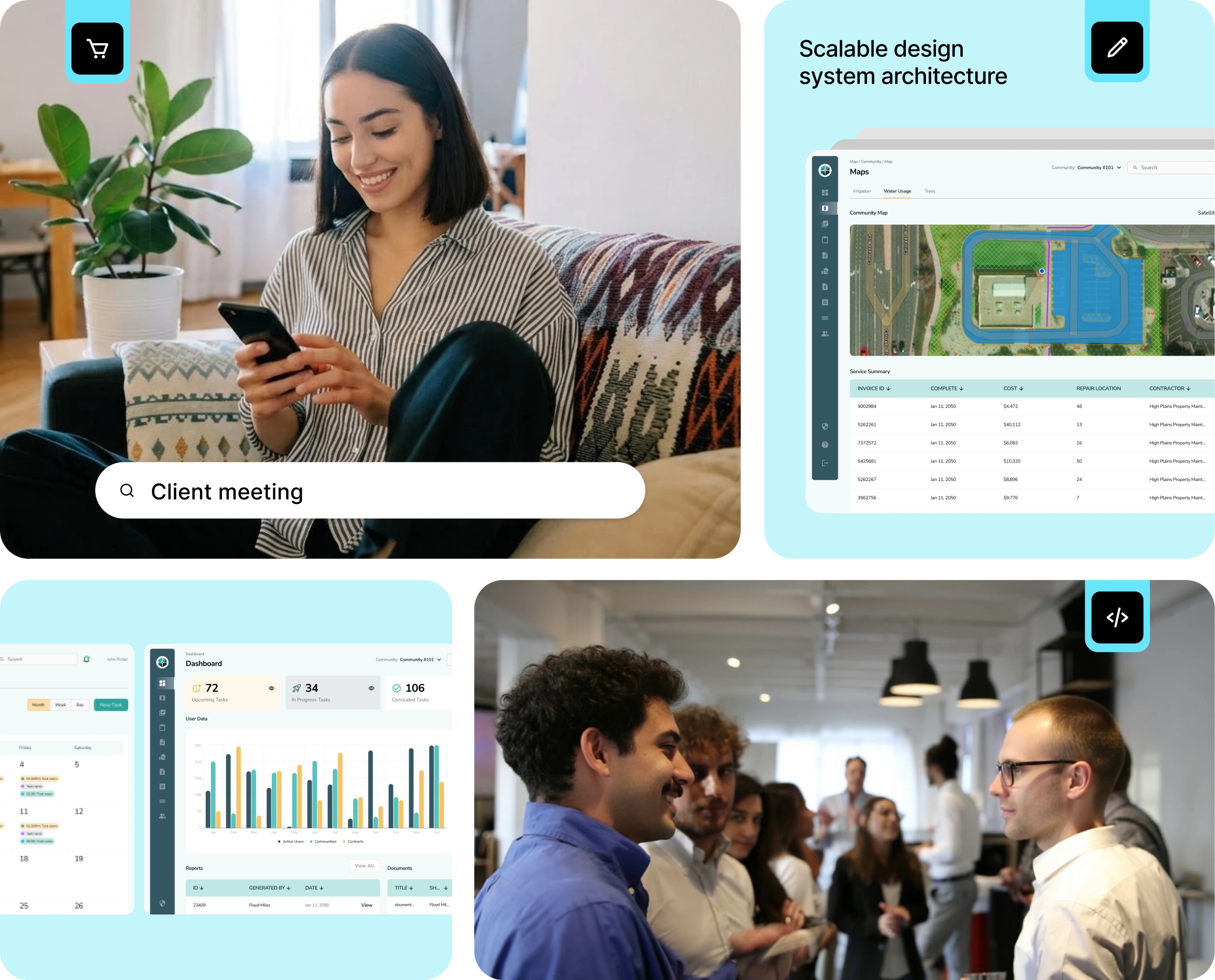 Collage of Fetchly team members using mobile devices, attending client meetings, and working on scalable software architecture