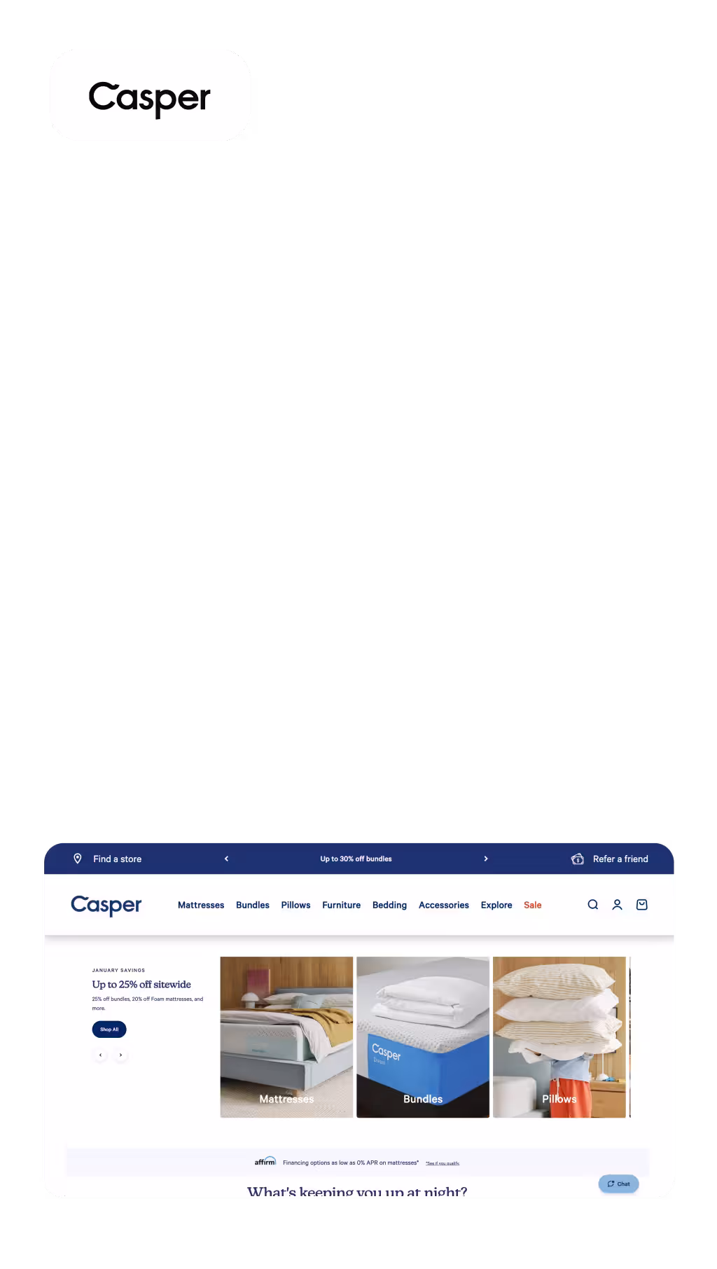 Casper website homepage showing navigation menu with categories Mattresses, Bundles, Pillows, Furniture, Bedding, Accessories, Explore, Sale and images for mattresses, bundles, and pillows with a promotion for up to 25% off sitewide.