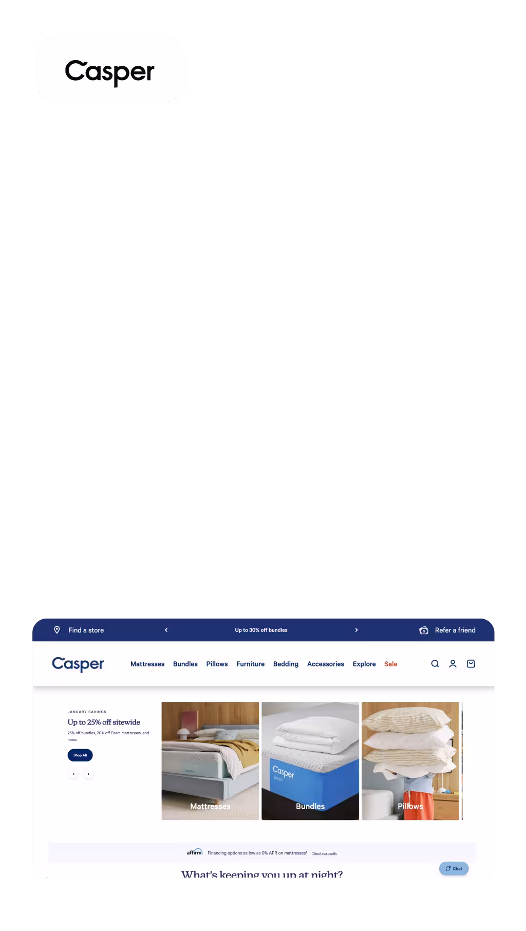 Casper website homepage displaying navigation bar with categories like Mattresses, Bundles, Pillows, Furniture, and Bedding, featuring promotional banner for up to 25% off sitewide.