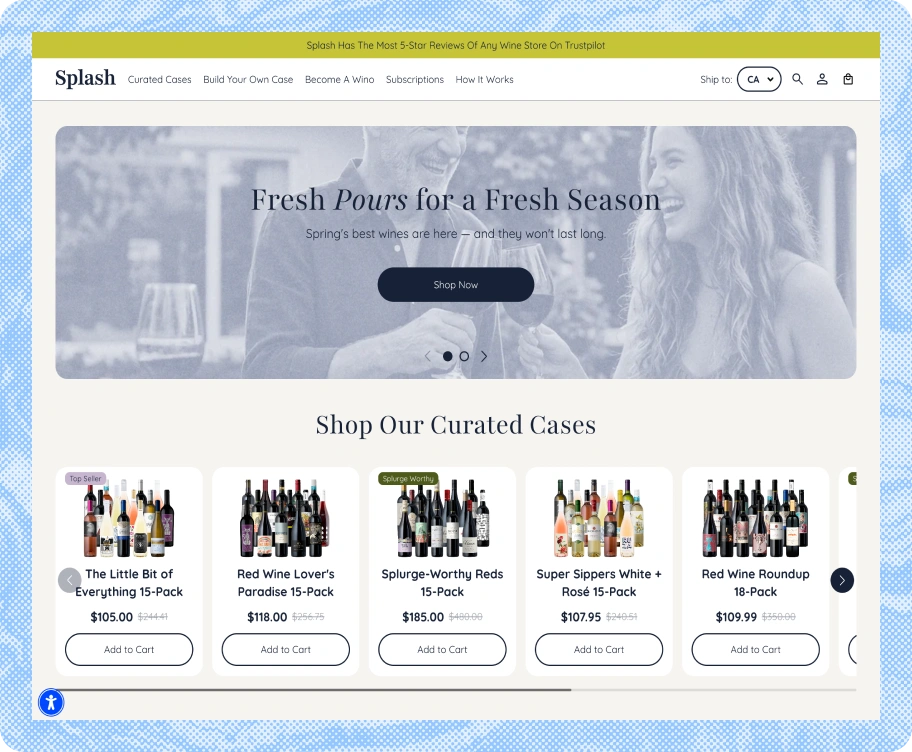 Splash wine ecommerce homepage with curated case product cards.