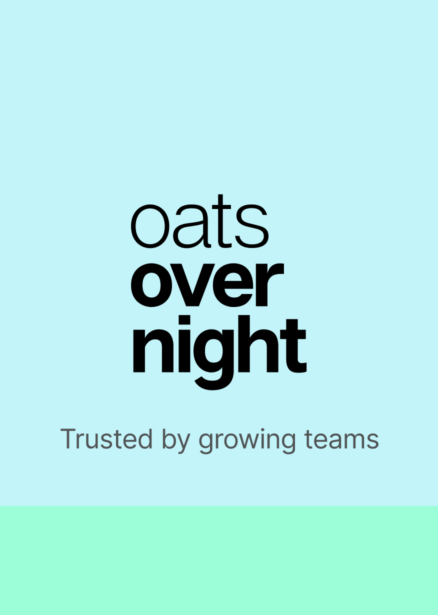 Logo for Oats Overnight with the tagline Trusted by growing teams on a light blue and green background.