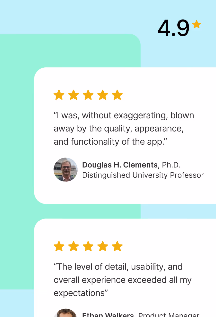 User reviews with 5-star ratings praising the app's quality, appearance, functionality, and user experience, featuring testimonials from Douglas H. Clements, Ph.D., and Ethan Walkers.