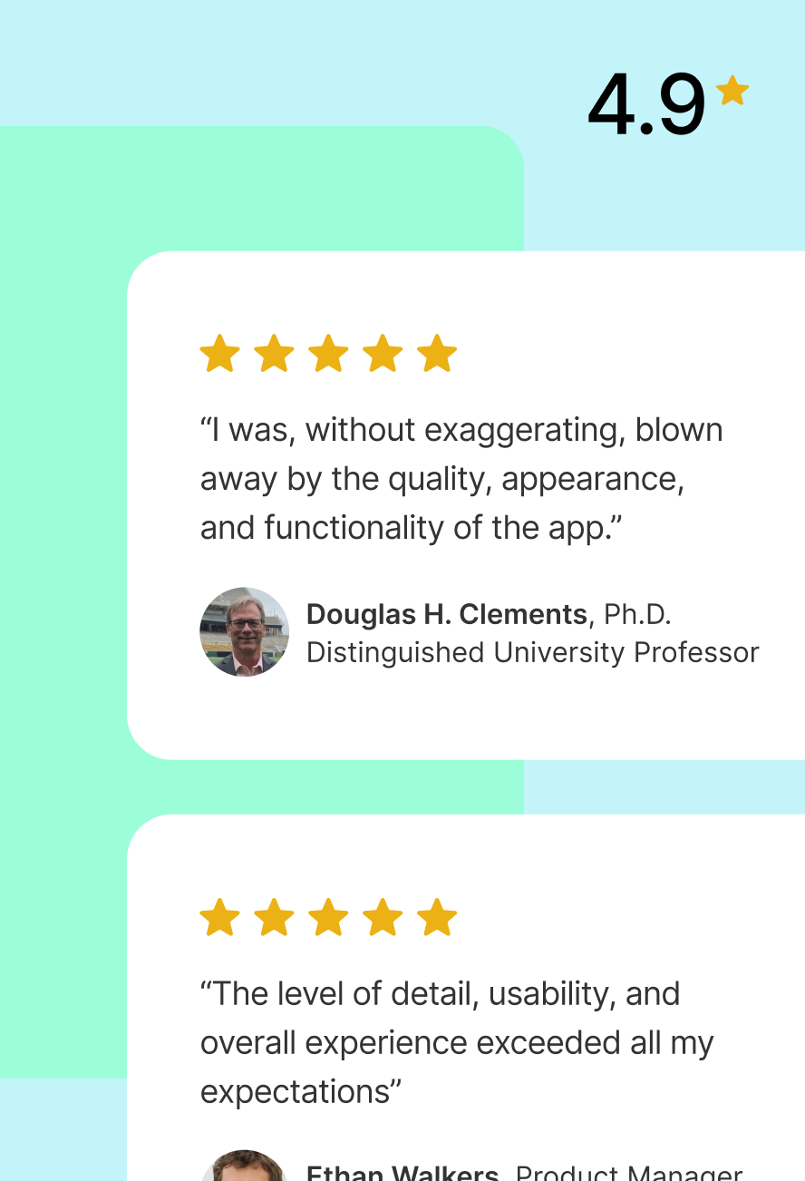 User reviews with 5-star ratings praising the app's quality, appearance, functionality, and user experience, featuring testimonials from Douglas H. Clements, Ph.D., and Ethan Walkers.