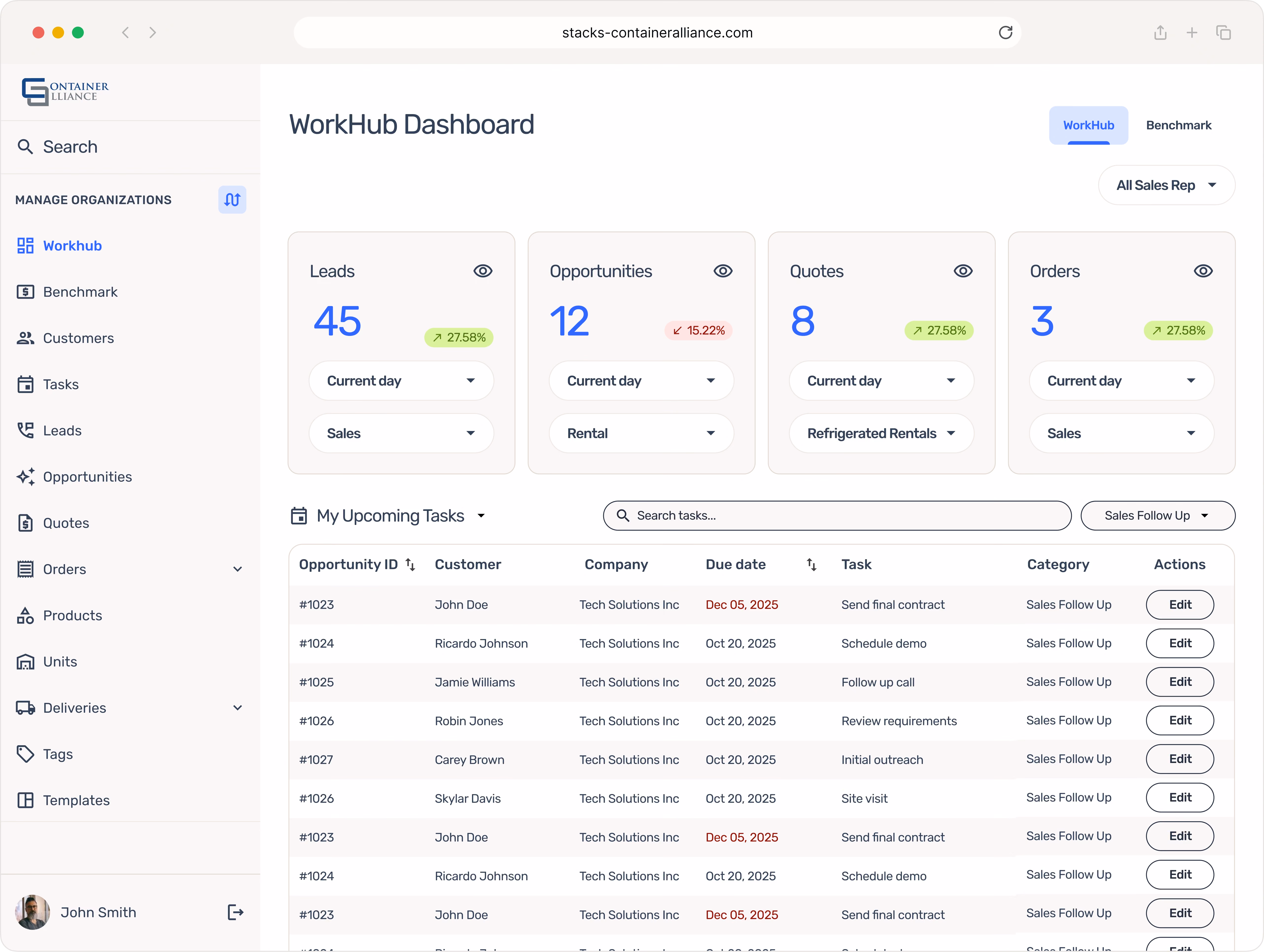 WorkHub Dashboard shows leads, opportunities, quotes, orders, and a list of upcoming sales tasks with due dates.