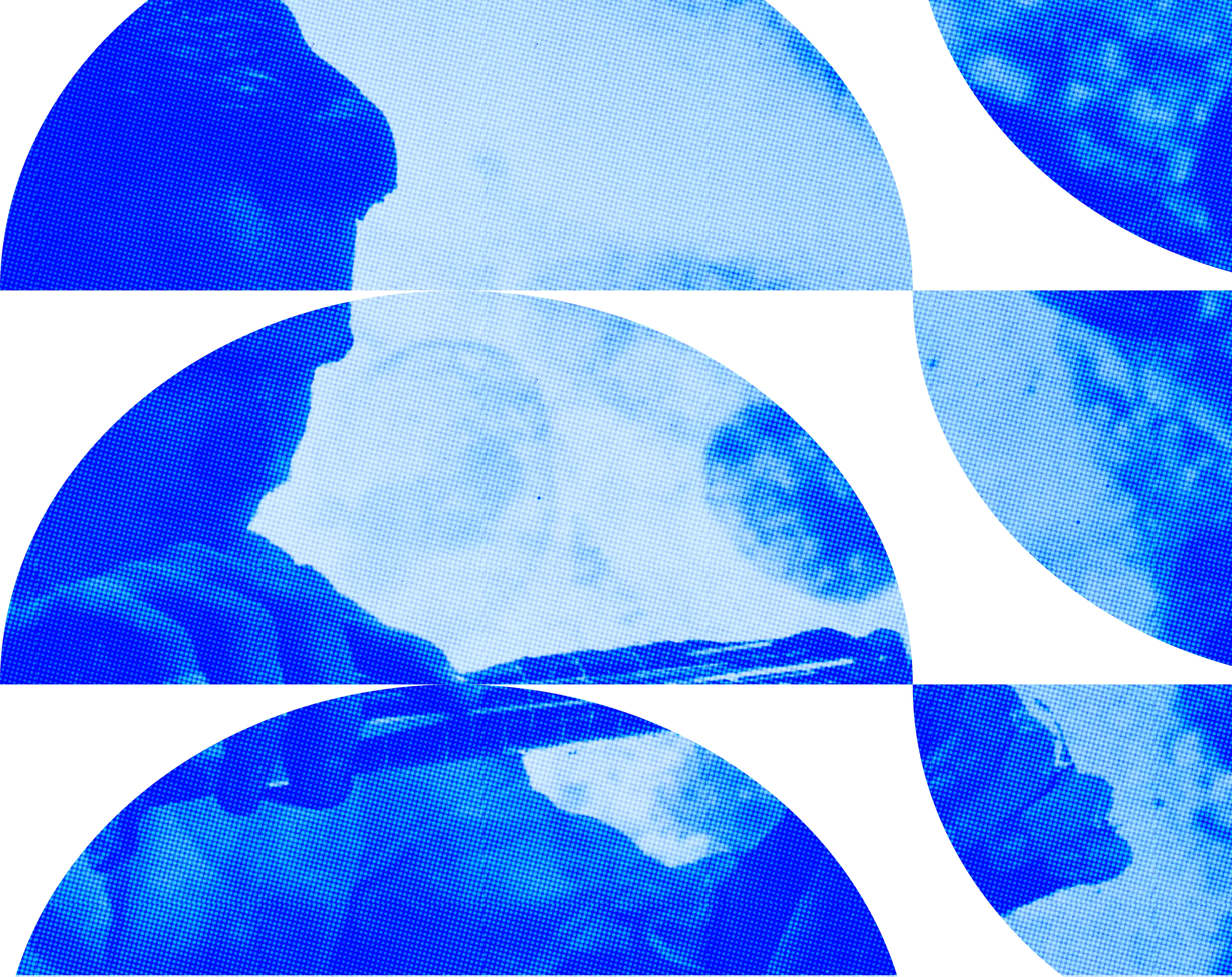 Blue-toned stylized image of a person playing a guitar, composed of overlapping circular shapes.