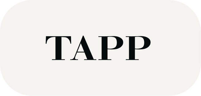 Black text 'TAPP' on a rounded white rectangle background.