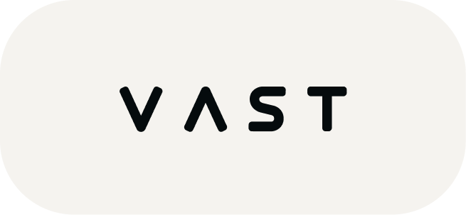 VAST wordmark logo in black on a white rounded rectangular background.
