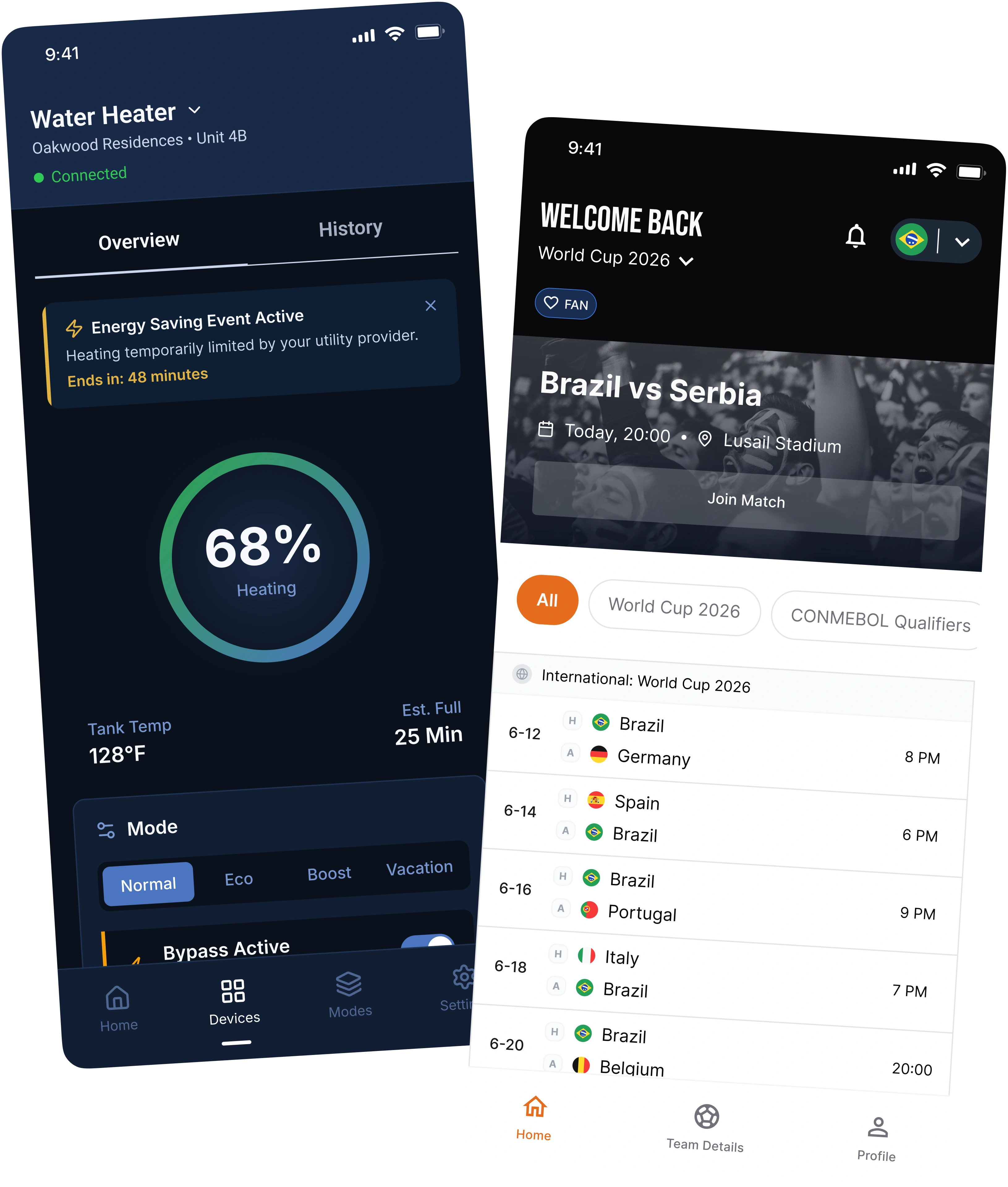 Two smartphone screens: water heater status showing 68% heating and World Cup 2026 schedule with Brazil matches.