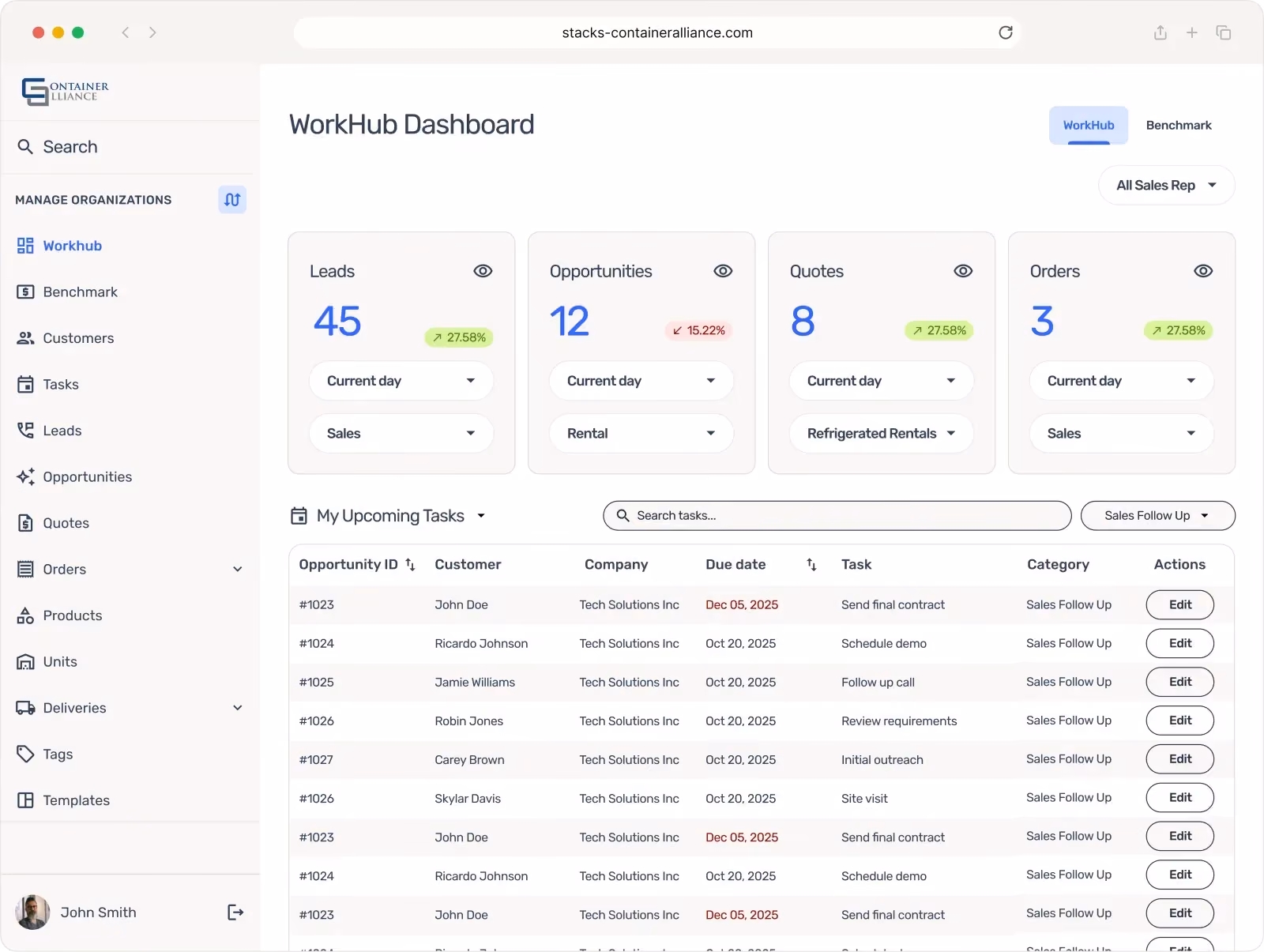 WorkHub Dashboard shows leads, opportunities, quotes, orders, and a list of upcoming sales tasks with due dates.