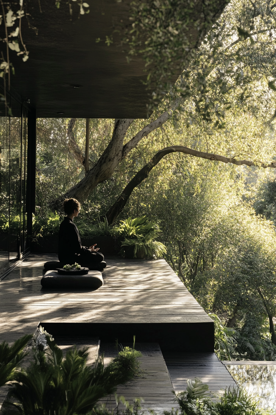 Image d'une personne méditant sur la terrasse de sa maison entourée d'une forêt