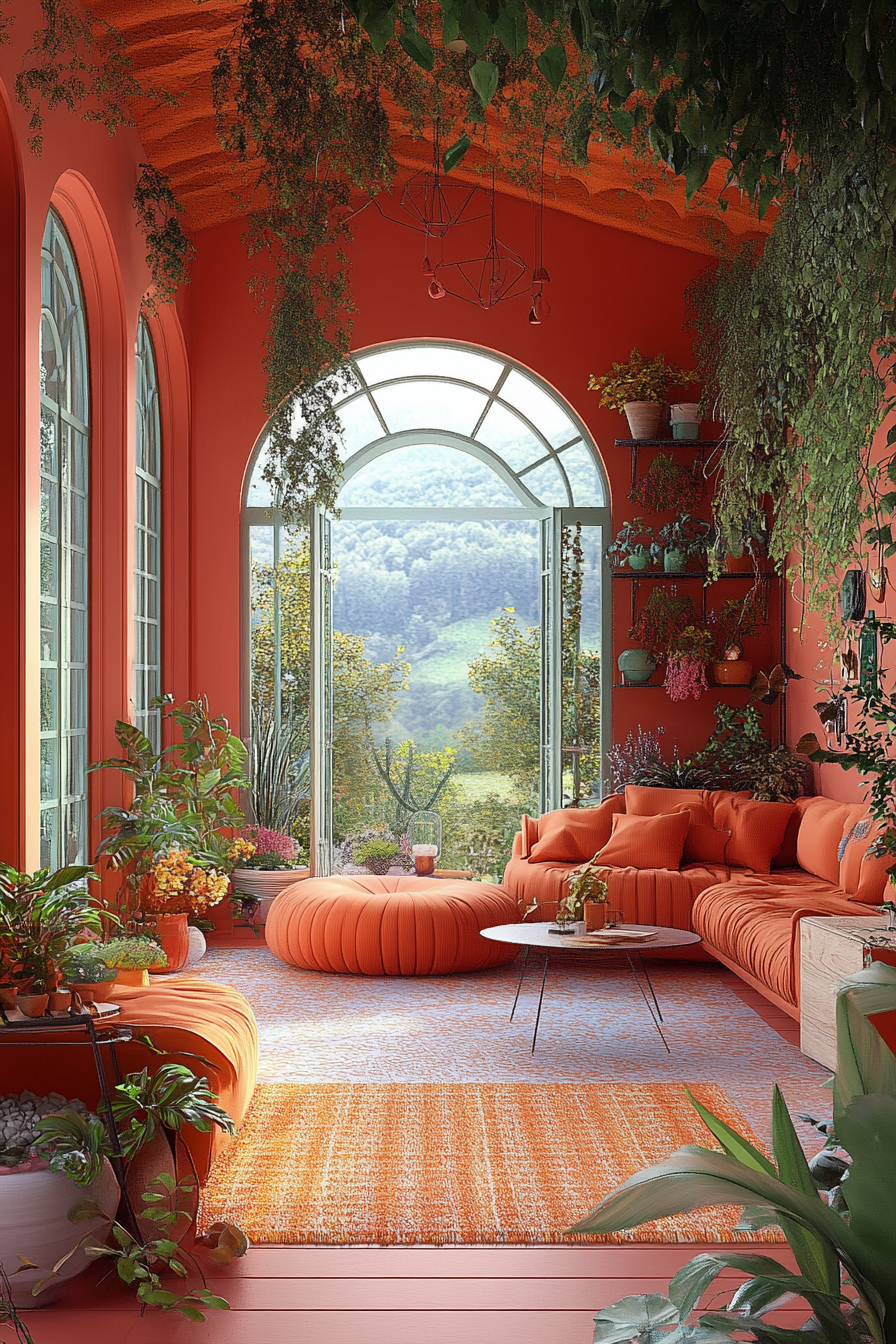 Photo d'un intérieur paisible avec de grandes fenêtres arrondies et des murs orange doux