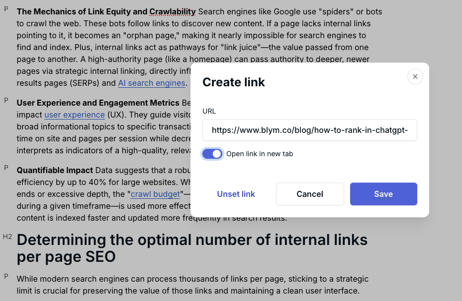 Feature "open in a new tab" in Blym AI