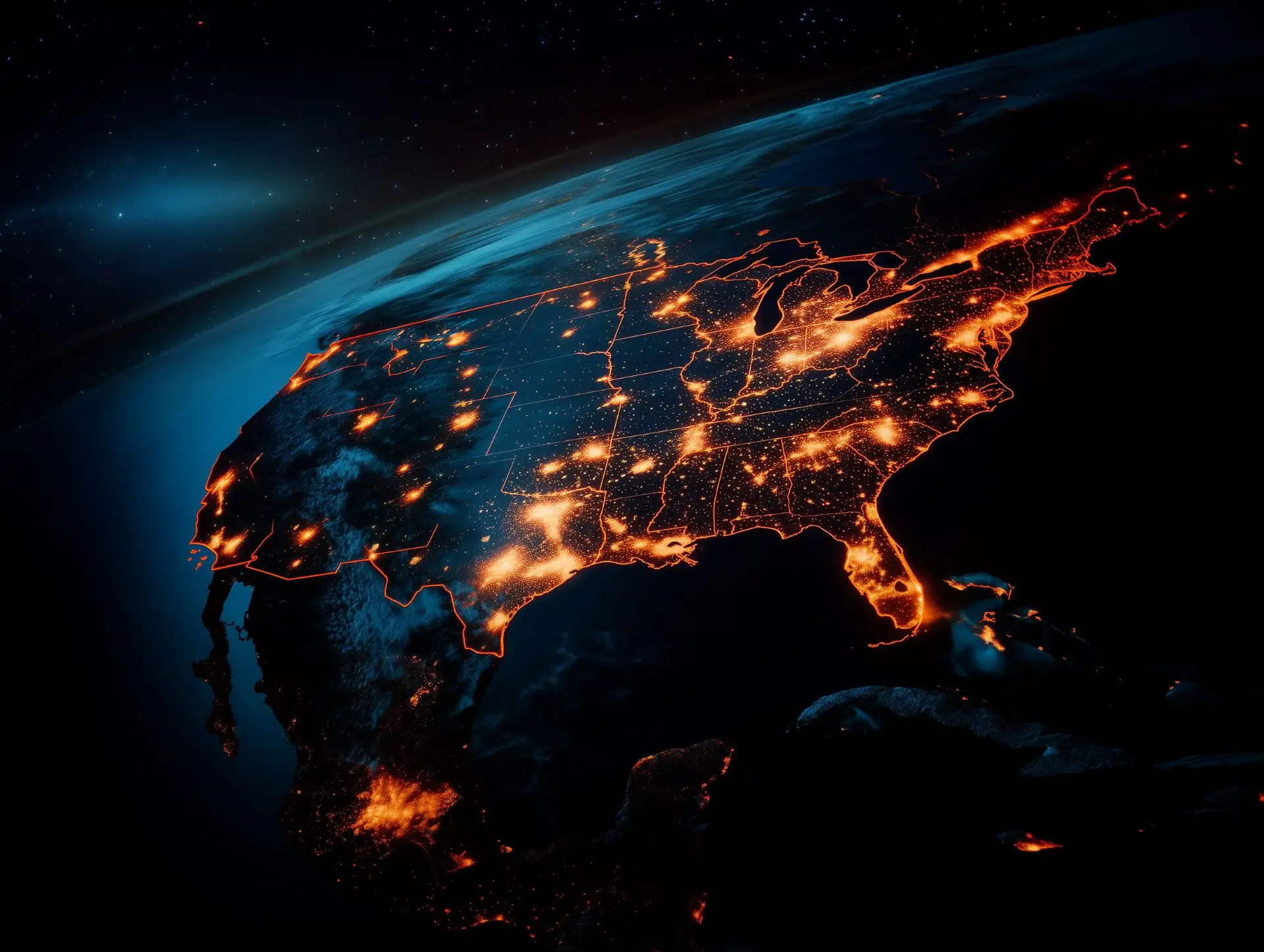 Glowing map of the United States from space highlighting all 50 states, representing Sell2Rent’s nationwide availability for residential sale-leaseback solutions.