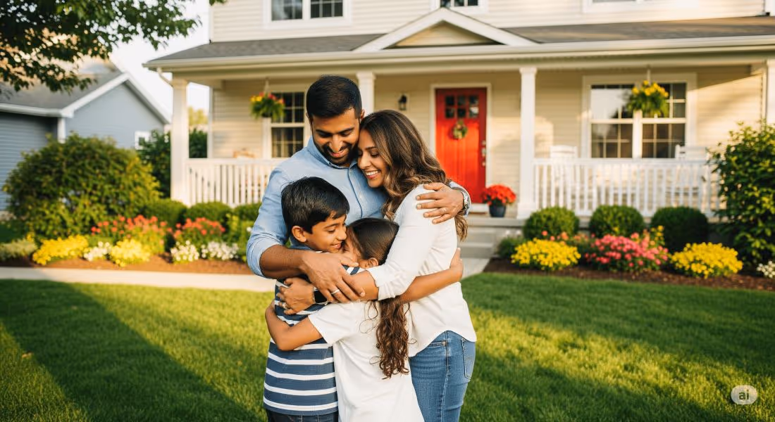 Happy family hugging in front of their well-kept suburban home with a red front door, symbolizing stability, homeownership pride, and the emotional benefits of staying in the home through a leaseback solution.