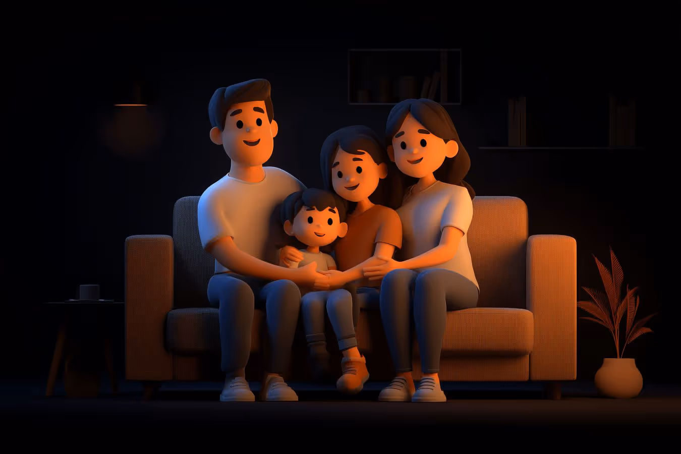 A 3D graphic of a happy family hugging on a couch, representing the family happiness and security a sale-leaseback can provide.