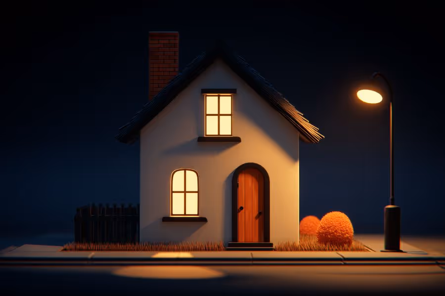 A simple 3D graphic of a house at night with glowing windows and a streetlamp, symbolizing a safe and secure home.