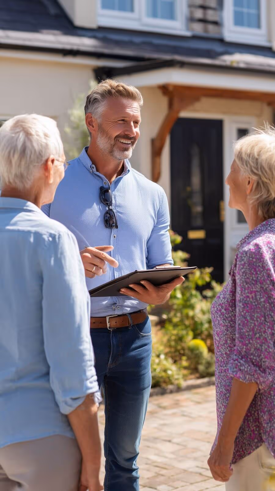 A professional talking to an older homeowner couple in their front yard, representing the expert guidance available for a sale-leaseback.
