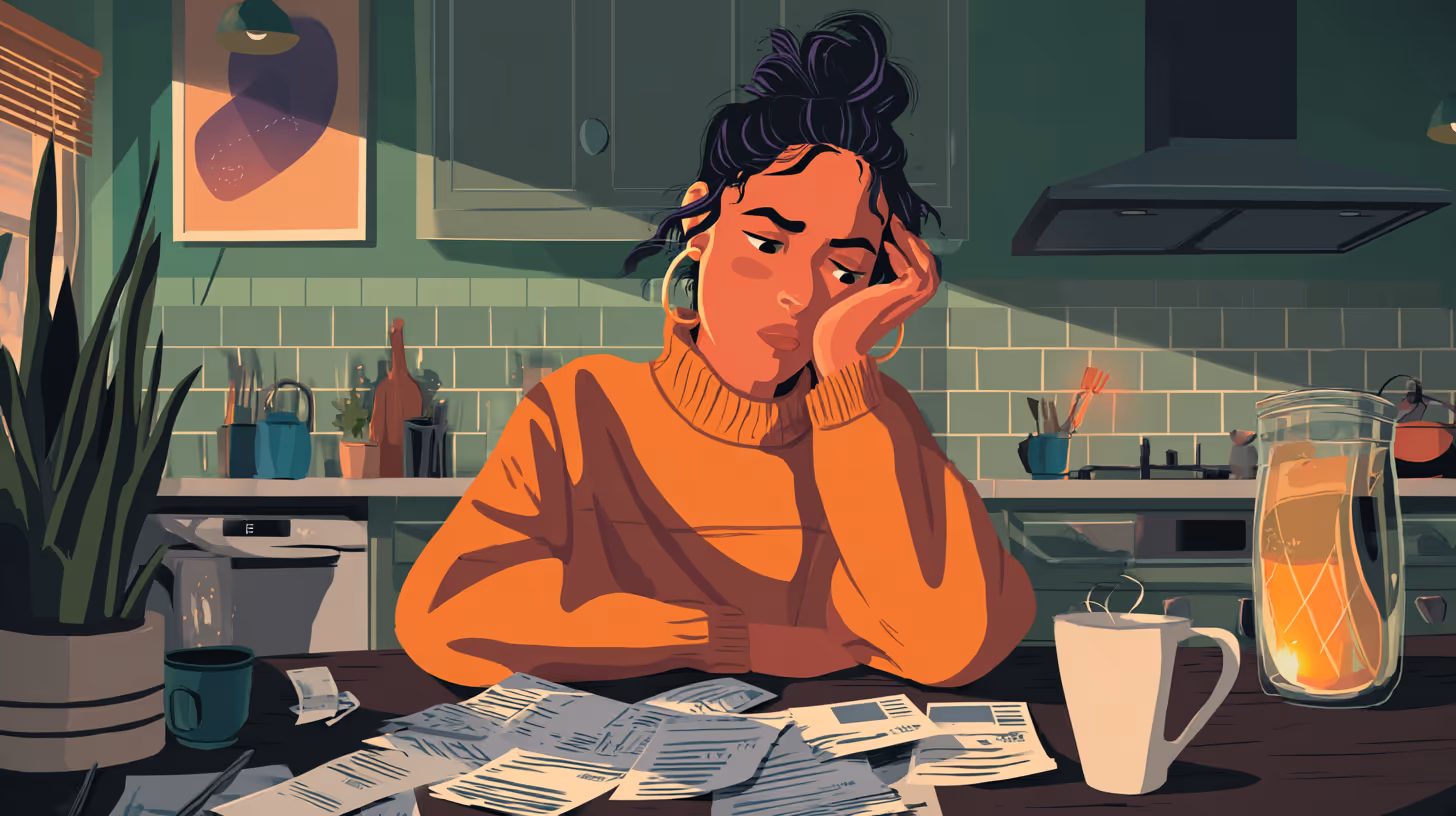 Illustration of a stressed woman sitting at her kitchen table overwhelmed by scattered bills, symbolizing the need for accredited debt relief and urgent access to home equity and fast cash.