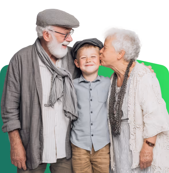 Photo of a happy elderly couple embracing their grandson, symbolizing a secure family legacy, stability, and the financial peace of aging in place after accessing home equity.