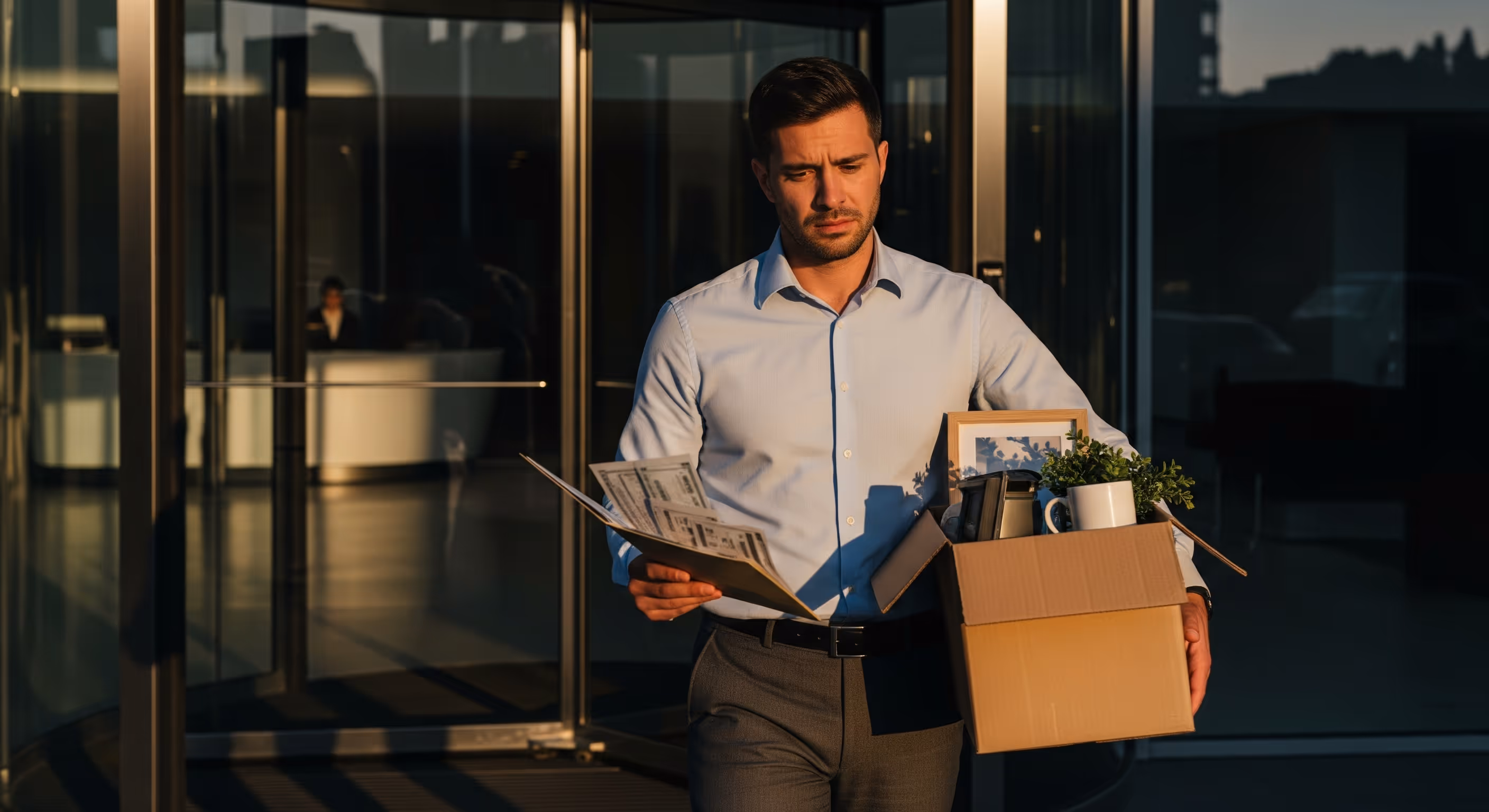 Photo of a man leaving a building with a box of belongings, symbolizing job loss, unemployment, and the immediate need for fast cash and a home equity solution from Sell2Rent.