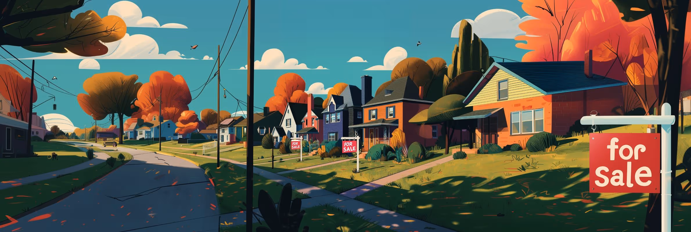Illustration of a neighborhood street with multiple For Sale signs, symbolizing a competitive housing market and the opportunity to use Sell2Rent to sell your house quickly for cash.