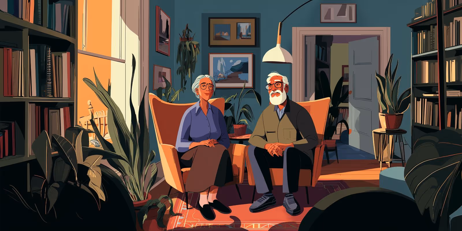 Illustration of a relaxed elderly couple sitting in their comfortable living room, symbolizing retirement security and the successful goal of aging in place after accessing home equity.