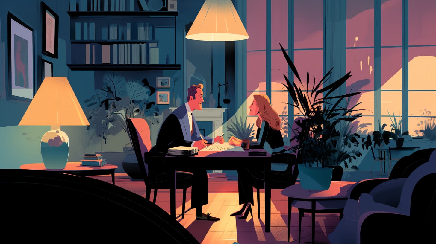 Illustration of a man and woman sitting at a table in a warmly lit room, discussing or signing documents across from each other.
