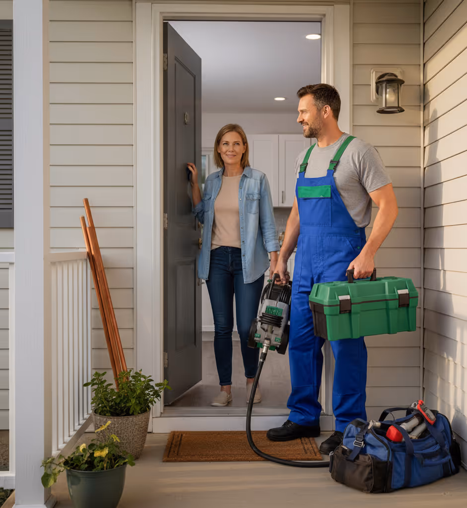 Photo of a homeowner opening the door to a repair technician carrying tools, symbolizing the financial and logistical burden of home repairs and maintenance for homeowners.