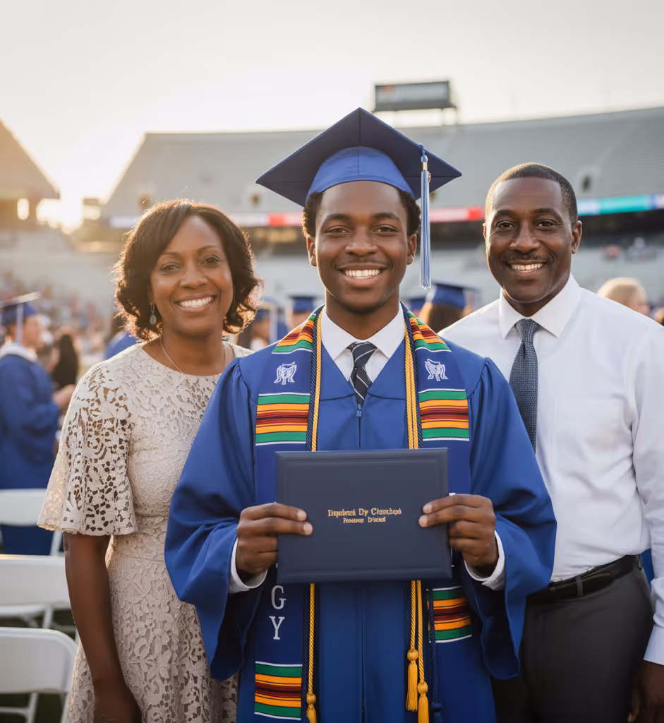 Photo of a young man in graduation attire posing proudly with his parents, symbolizing a major life achievement and the need for home equity access to fund education or financial planning goals.