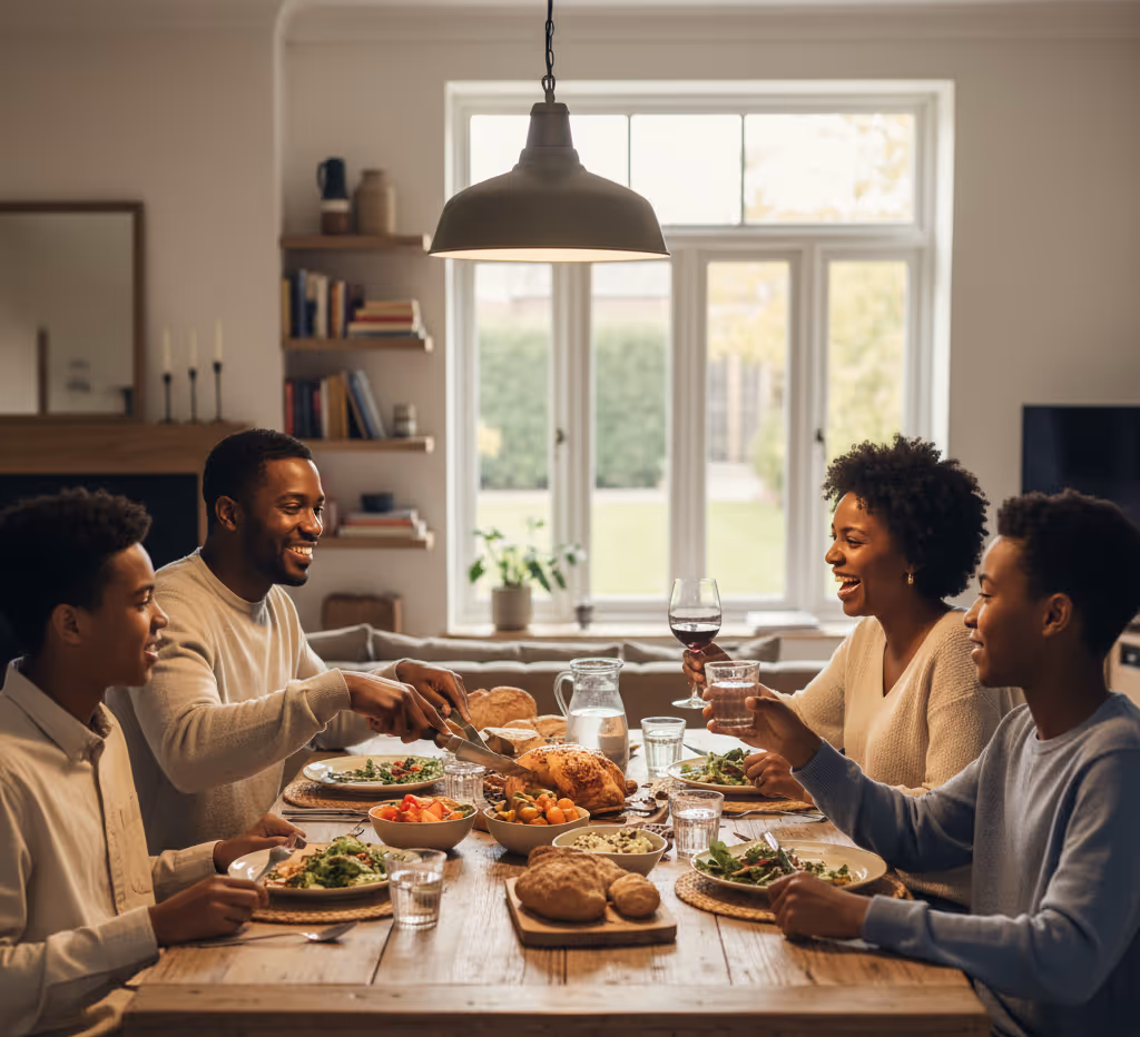 Photo of a happy family of four enjoying a meal and laughing around a dining table, symbolizing family stability, comfort, and the success of using home equity to secure their lifestyle.
