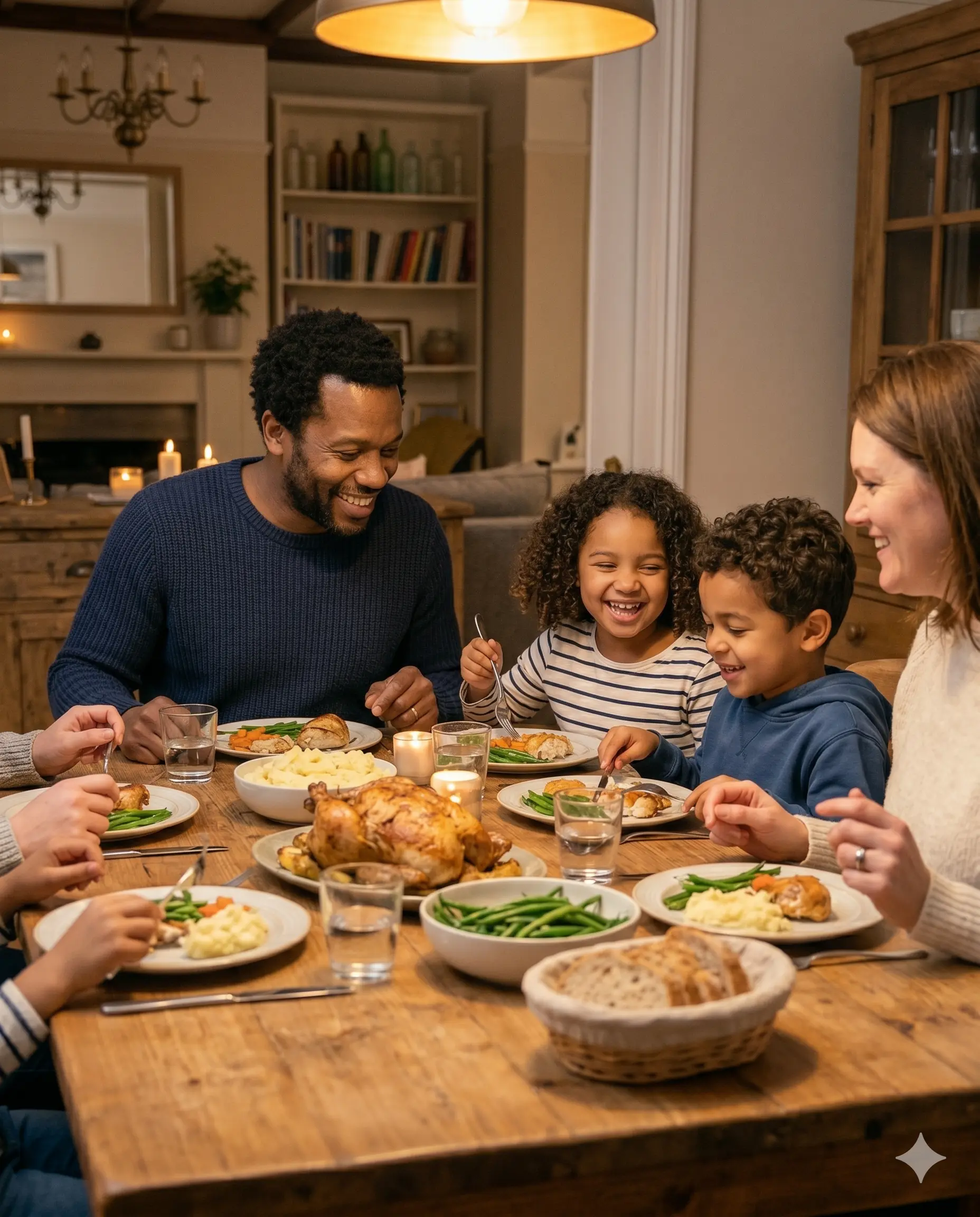 Happy family having dinner at home after using Sell2Rent sale-leaseback for financial relief
