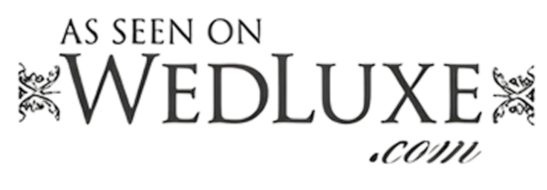 Text reading 'As seen on WEDLUXE.com' with decorative floral accents around the word WEDLUXE.