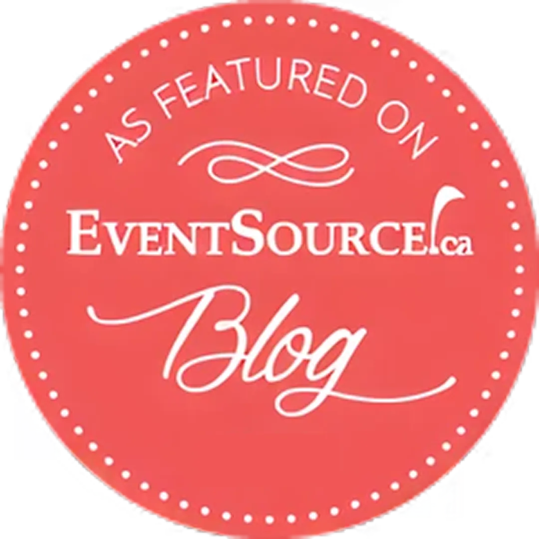 Red circular badge with white dotted border featuring the text 'As Featured on EventSource.ca Blog'.