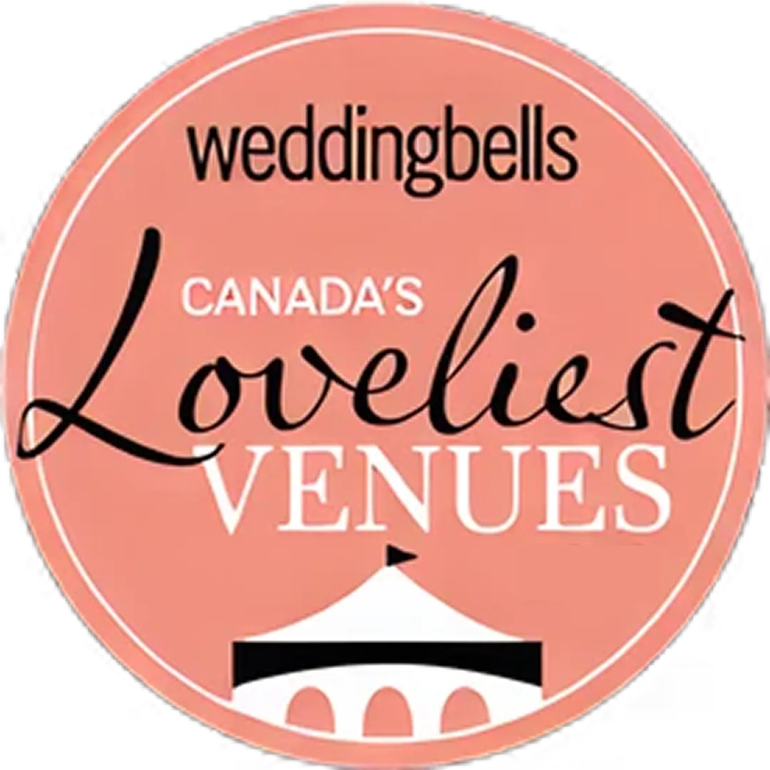 Pink circular badge with text 'weddingbells CANADA'S Loveliest VENUES' and an icon of a white tent with a black roof and flag.