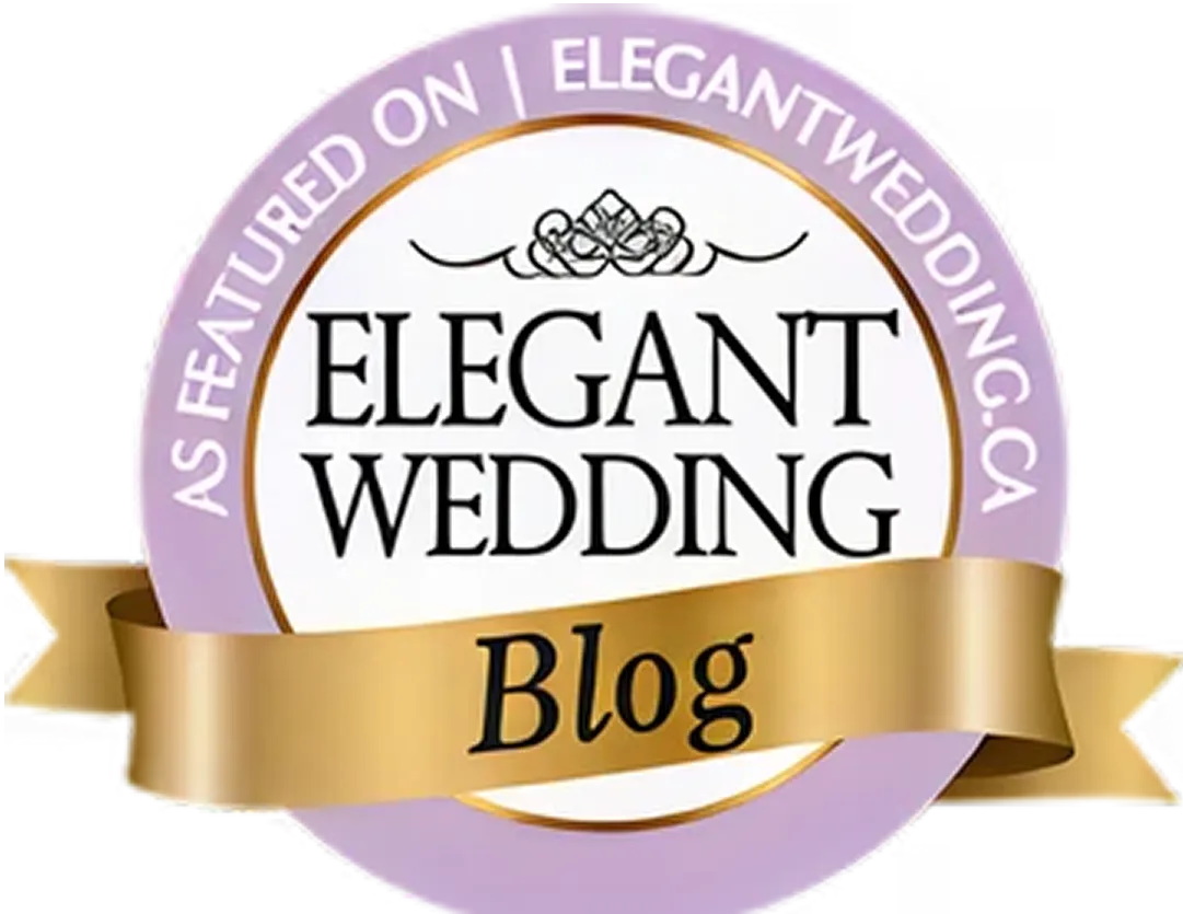 Elegant Wedding Blog badge with purple circular border and gold ribbon.