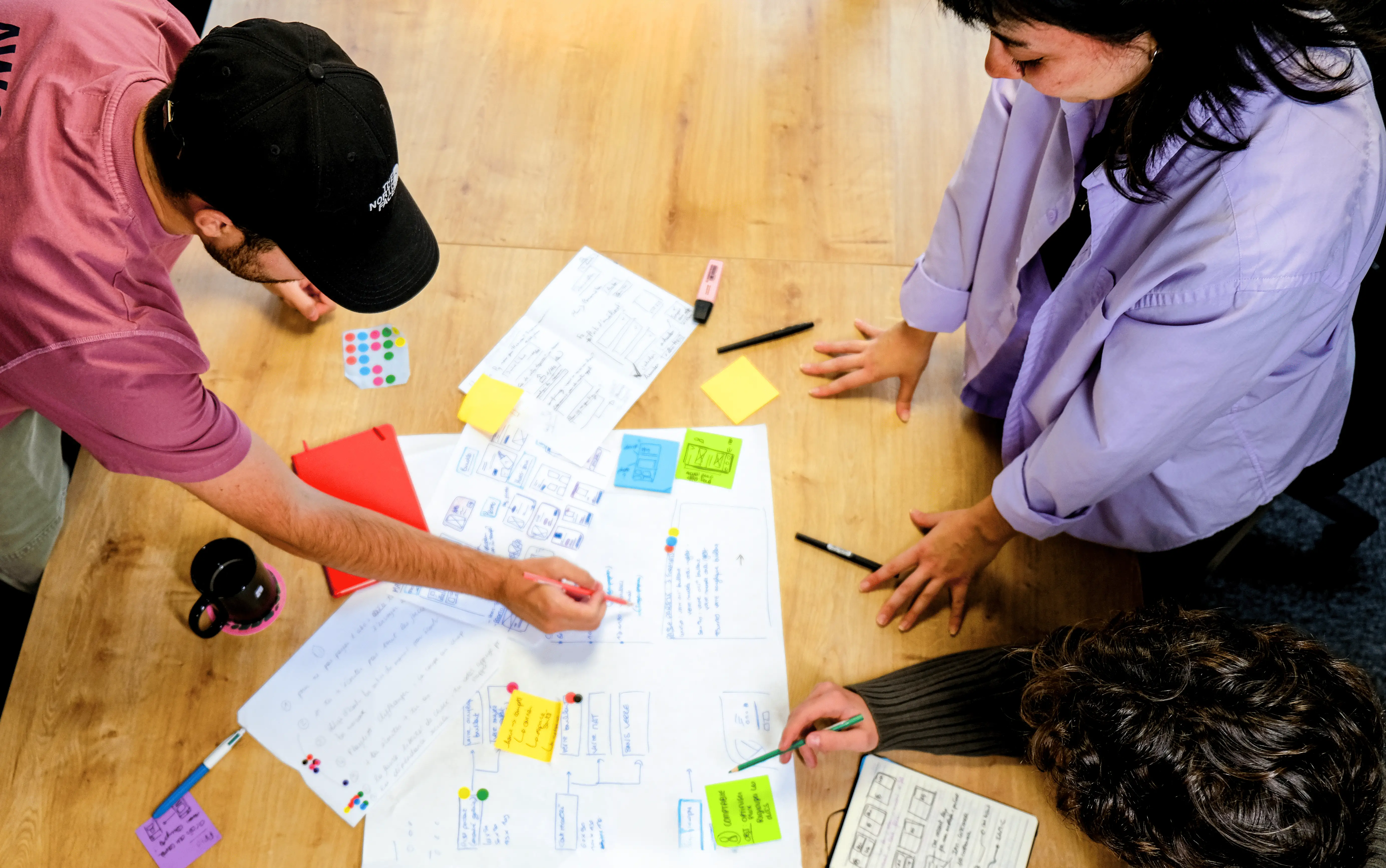 Vue de dessus de trois membres de l'agence design UX UI Upgrade collaborant sur un schéma d'expérience utilisateur UX ou une stratégie de service à Nantes.