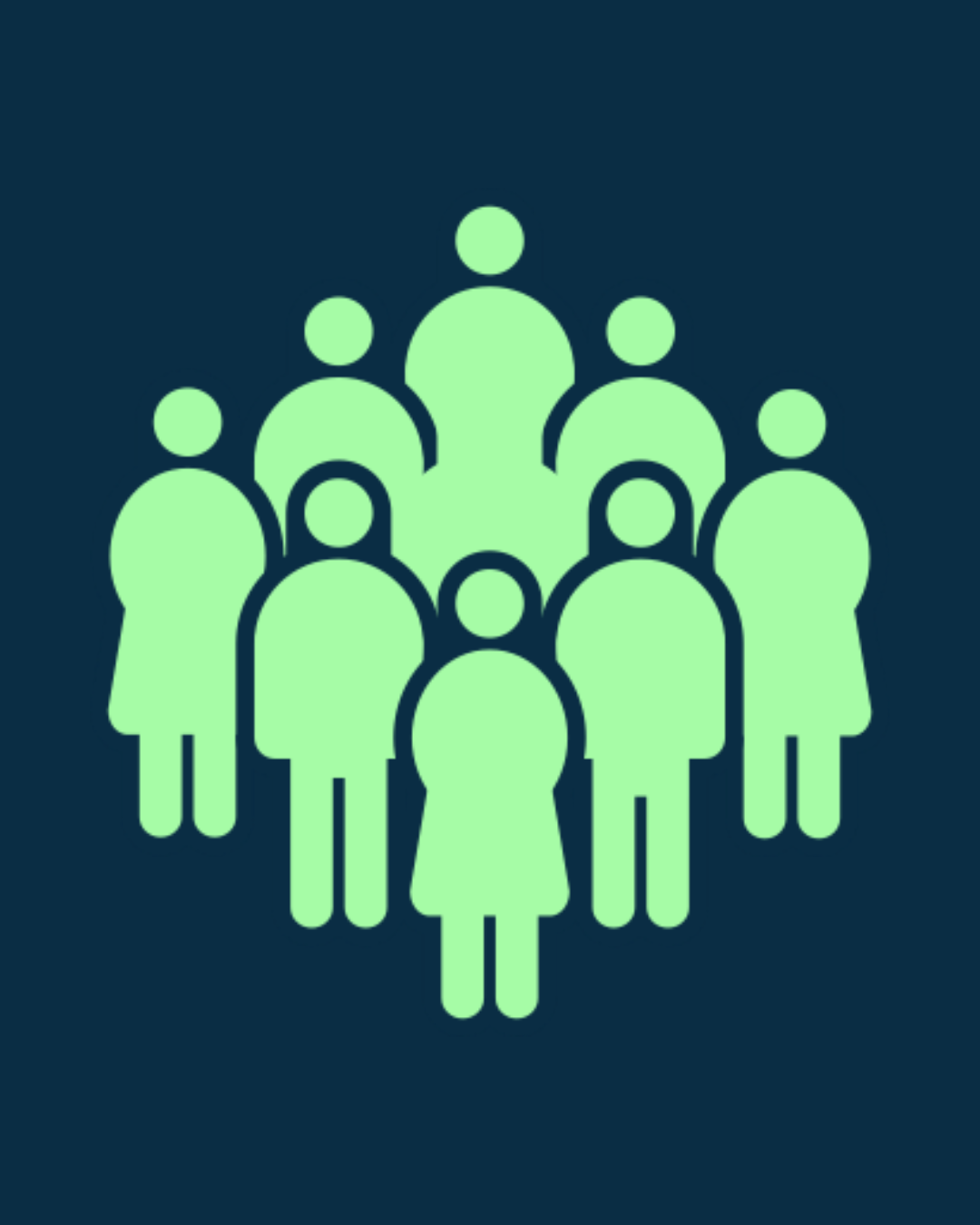 Icon of a group of eight green human figures on a dark blue background representing community or teamwork.