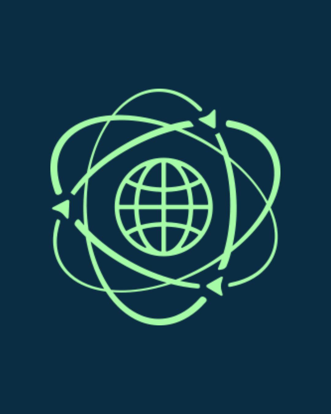 Green globe with longitude and latitude lines surrounded by orbiting arrows on a dark blue background.