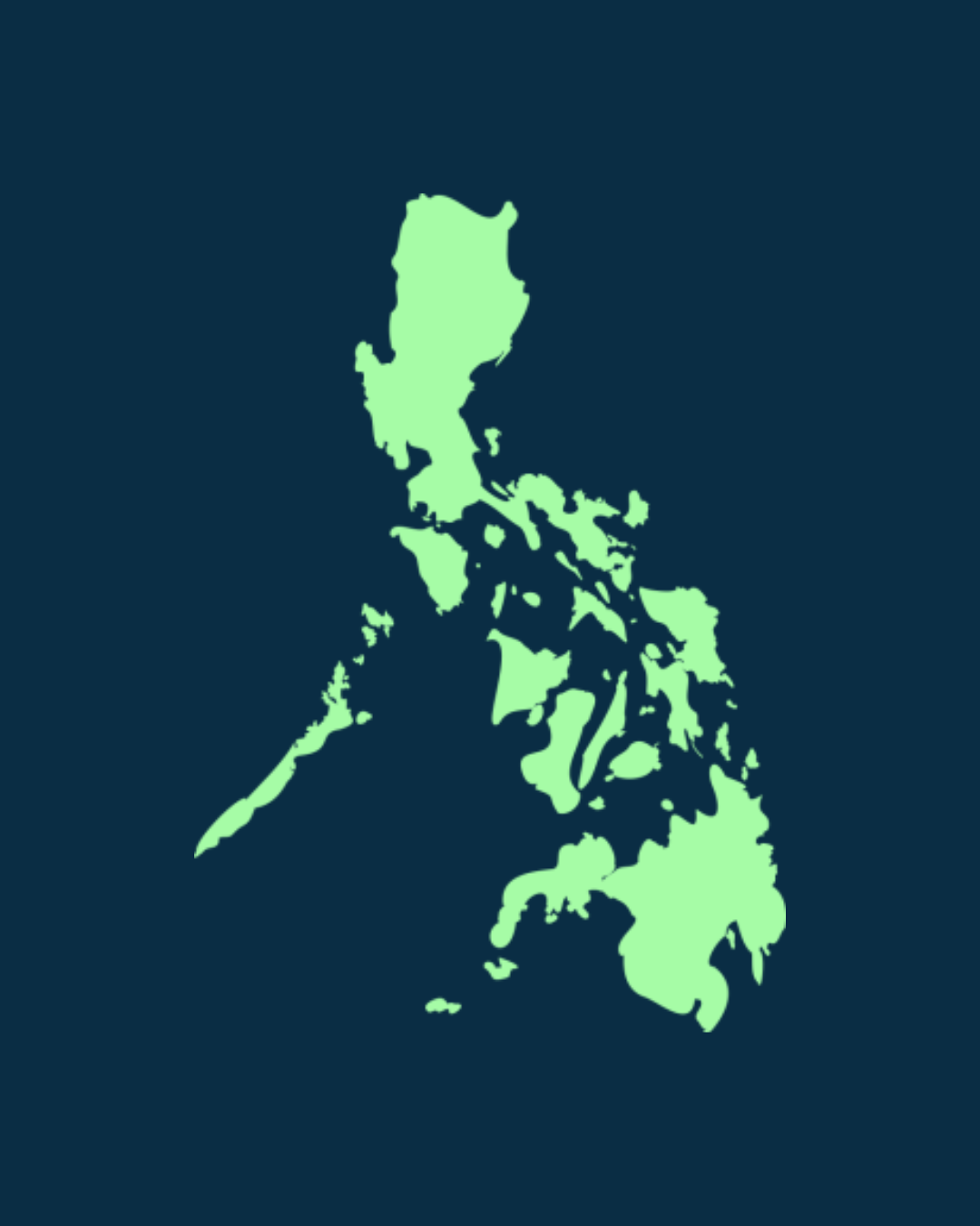 Simplified green silhouette map of the Philippines on a dark blue background.