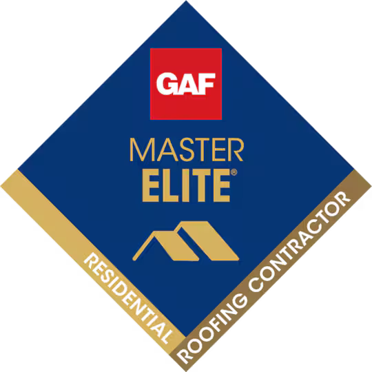 GAF Master Elite Residential Roofing Contractor badge with blue background and gold accents.