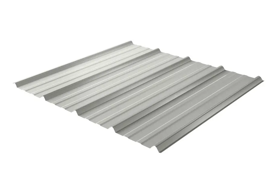 Rectangular sheet of corrugated metal roofing with parallel ridges.