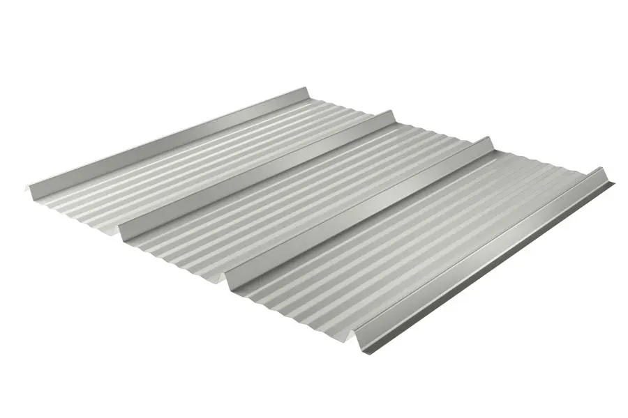 Silver corrugated metal roofing panel with raised ribs.