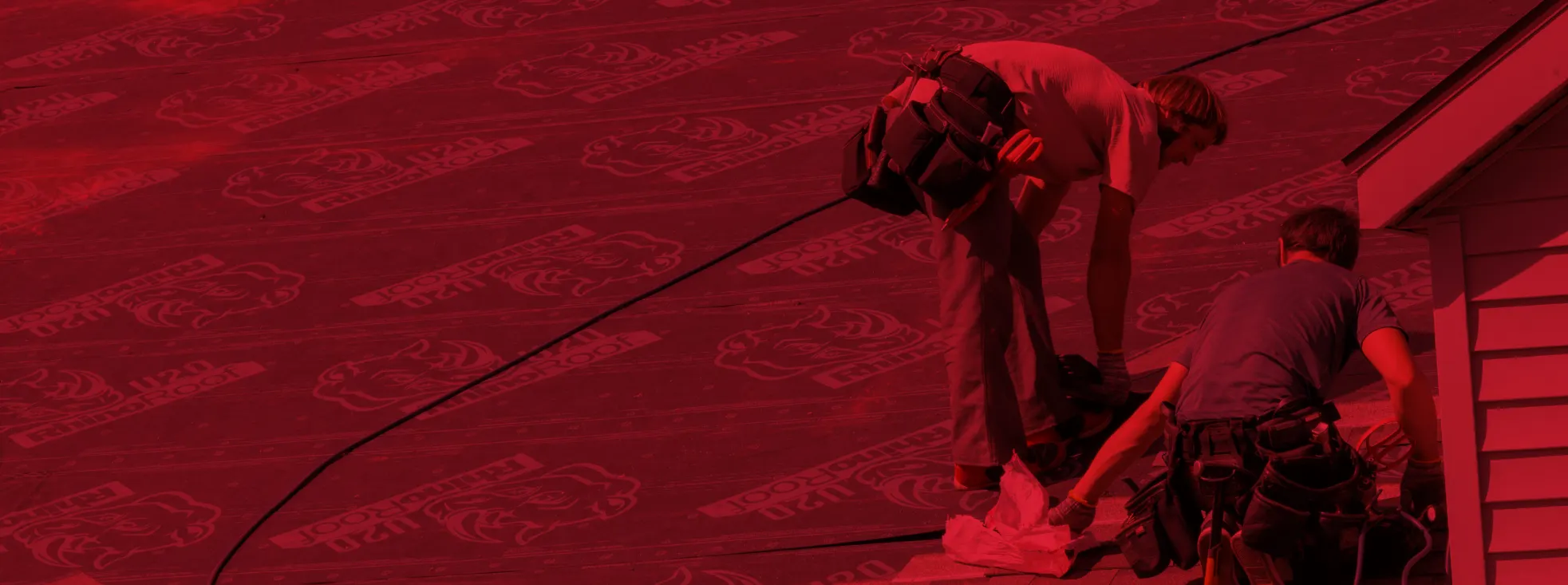 roof replacement workers with red overlay